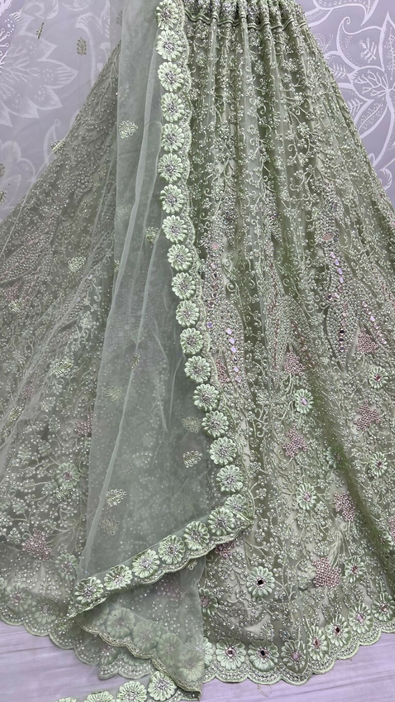 Jyoti Fashion Women's Pista Green Bridal Net Fancy Dori, Multi Thread, Hand Mirror and Diamond Work Wedding Lehenga Choli | Swadesiicart