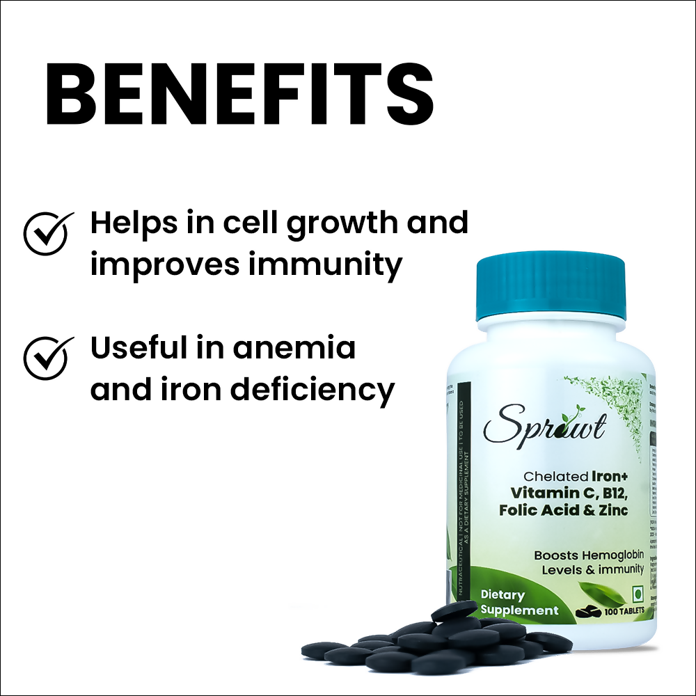 Sprowt Chelated Iron + Vitamin C, B12, Folic Acid & Zinc Tablets - Swadesiicart