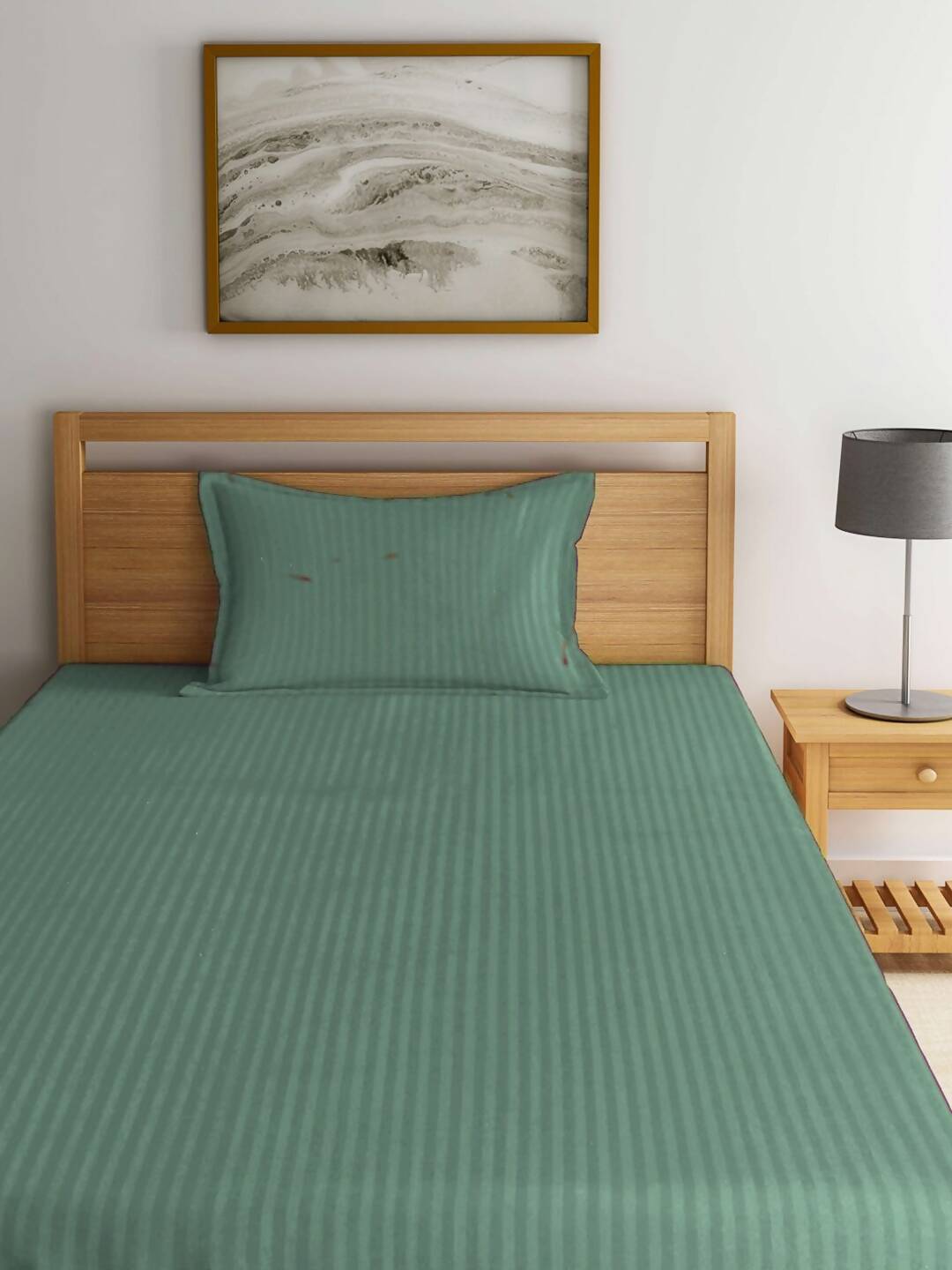 KLOTTHE Green Striped 210 TC Bedsheet with Pillow Covers - Swadesiicart