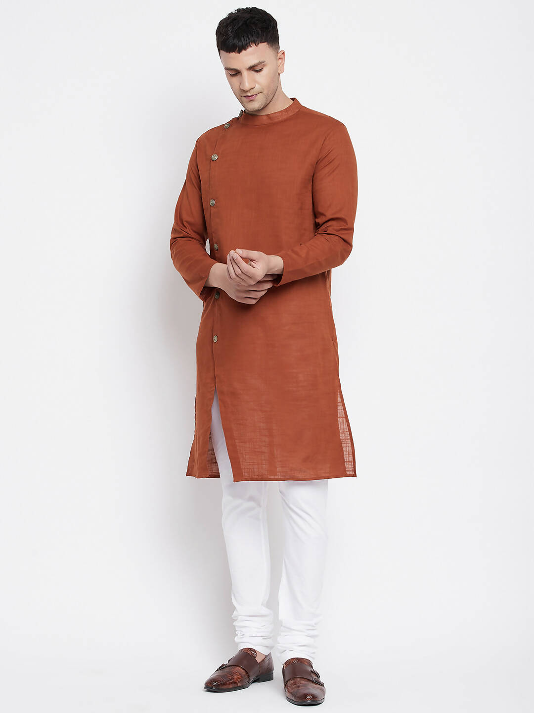 Even Apparels Brown Pure Cotton Men's Sherwani Kurta With Asymetrical Cut | Swadesiicart