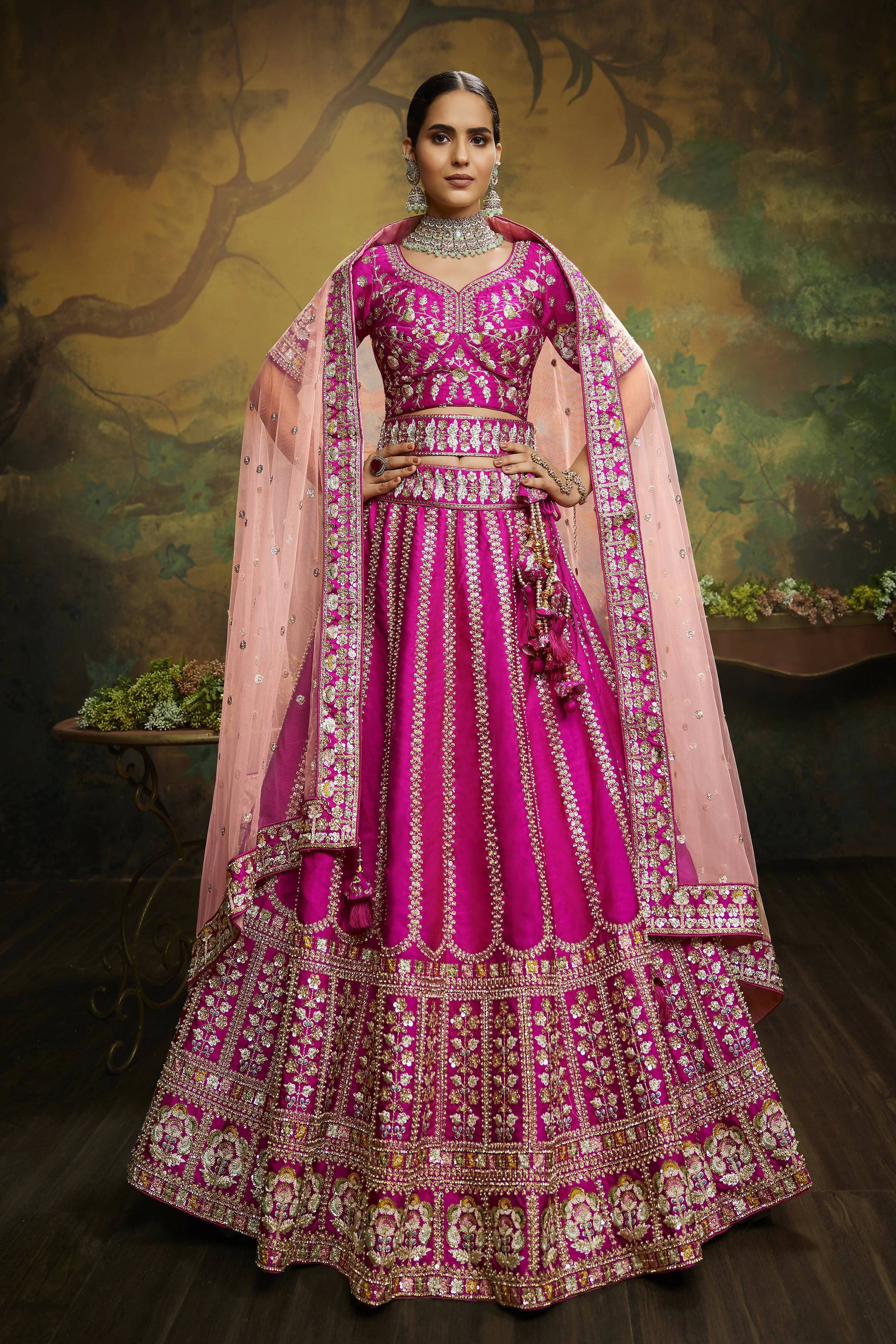 House of Panchhi Pink Pure Silk Moti & Zarkan heavy embroidery Lehenga choli & Dupatta | Swadesiicart