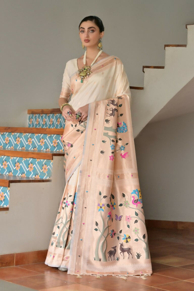 Vishnu Weaves Women's Cream Paithani Silk Zari Woven Saree with Blouse - Swadesiicart