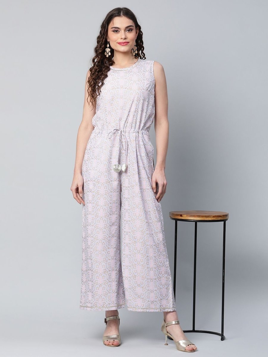 Ahalyaa Womens Blue Crepe Gold Printed Jumpsuit | Swadesiicart