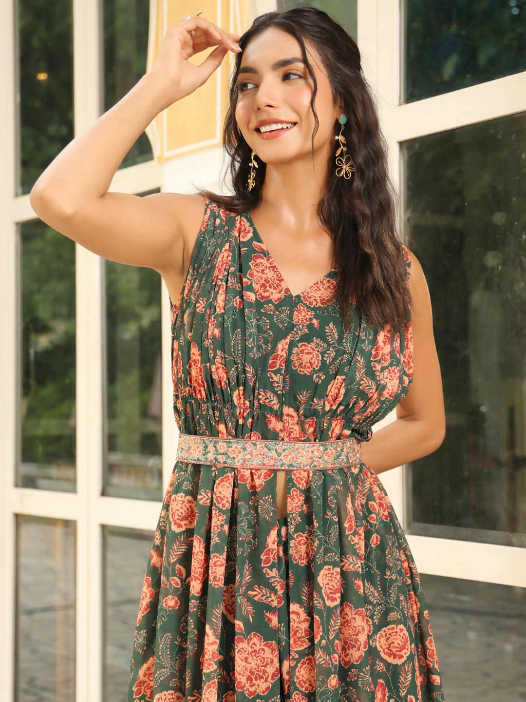 Janasya Green Georgette Floral Kurta & Bottom | Swadesiicart