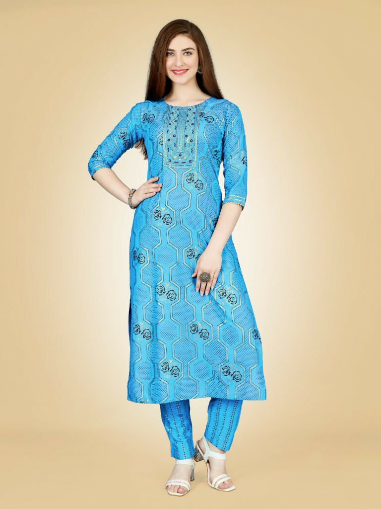 Jyoti Fashion Women's Sky Blue Viscose Rayon Embroidered Kurta Pant Set | Swadesiicart