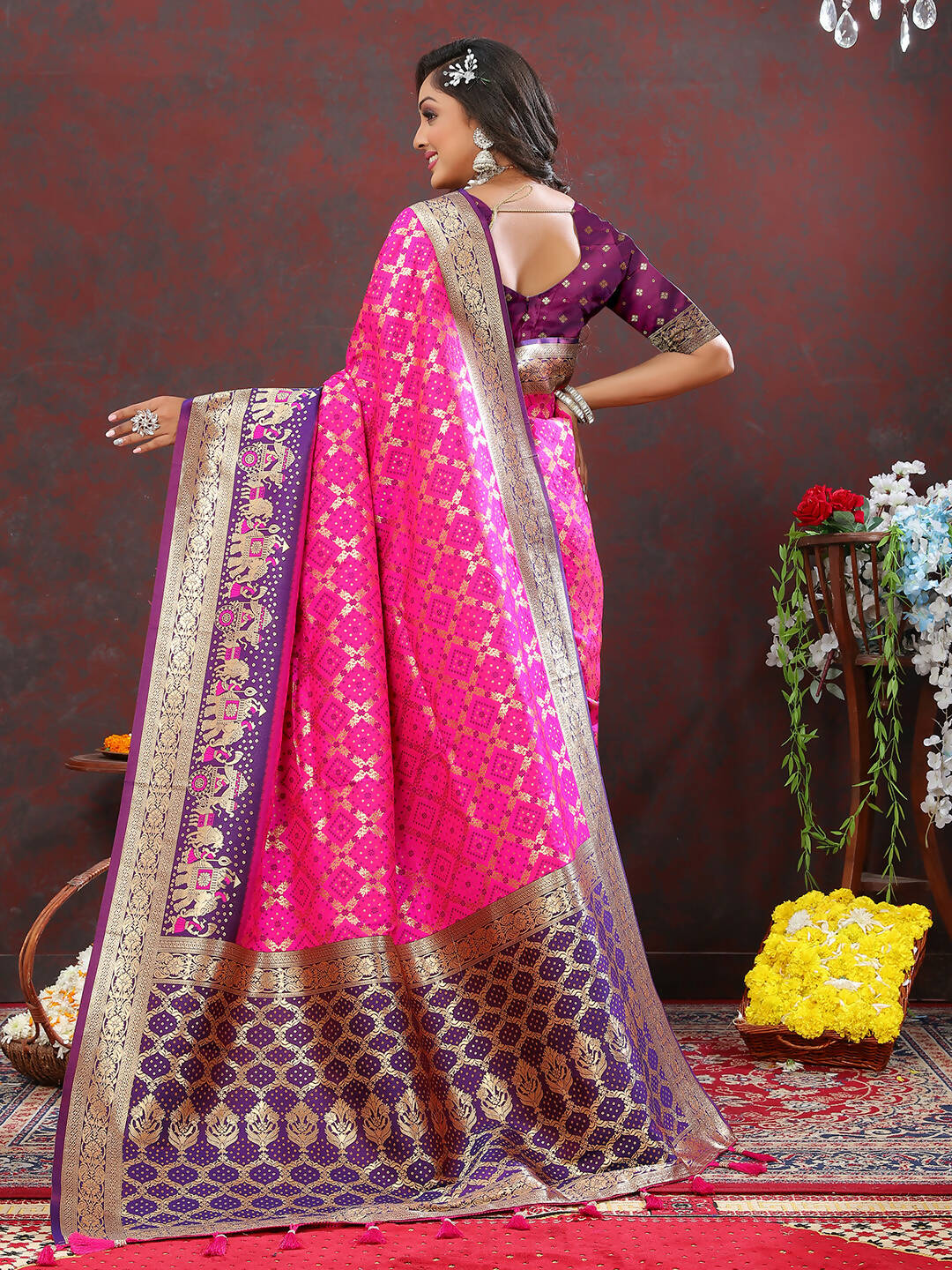 Lorenvalley Fashion Magenta & Wine Patola Silk Woven Design Meenakari Weaving Saree - Swadesiicart