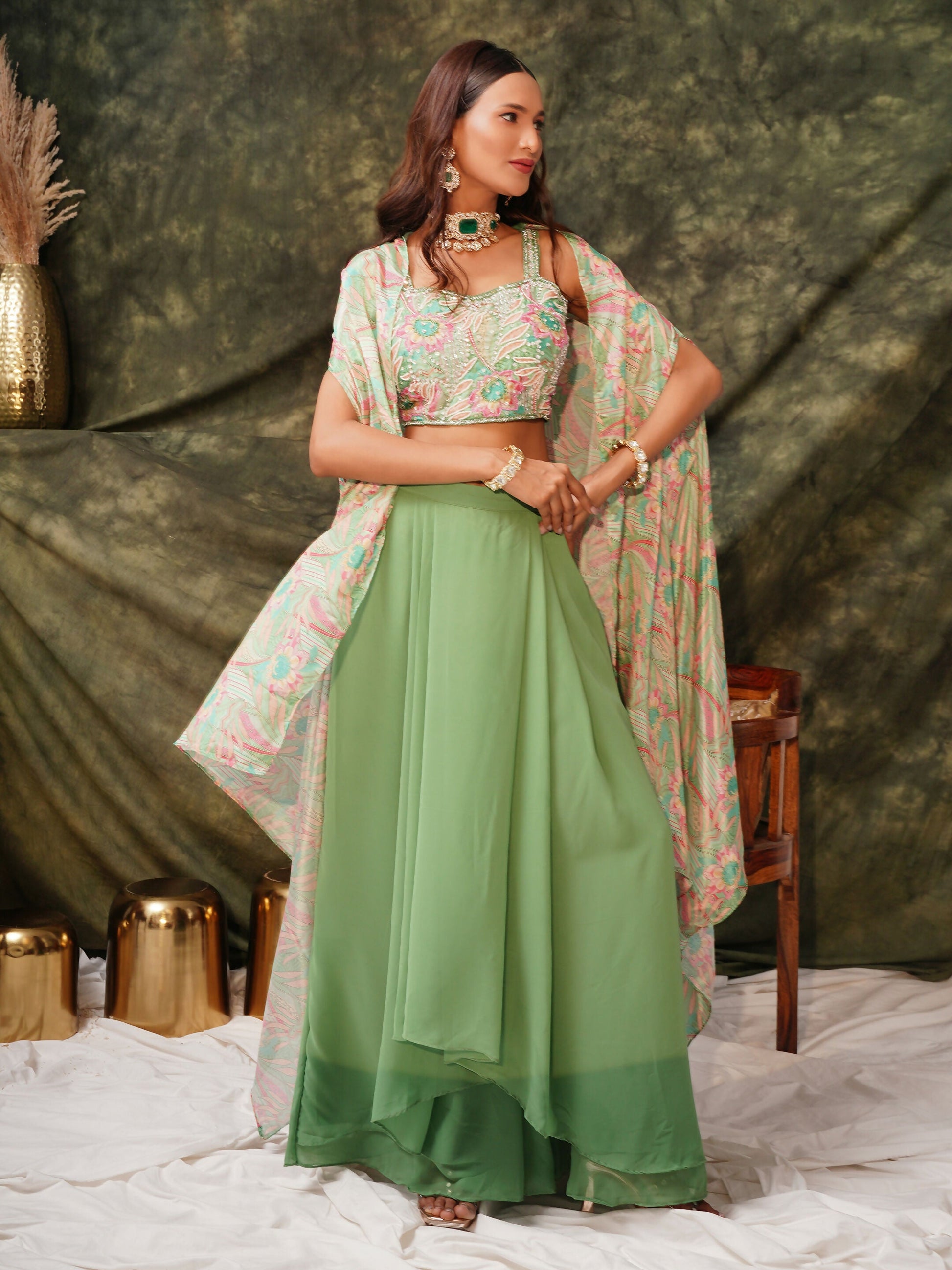 Green Pure Georgette Handwork Top with Skirt & Shrug - Naomika - Swadesiicart