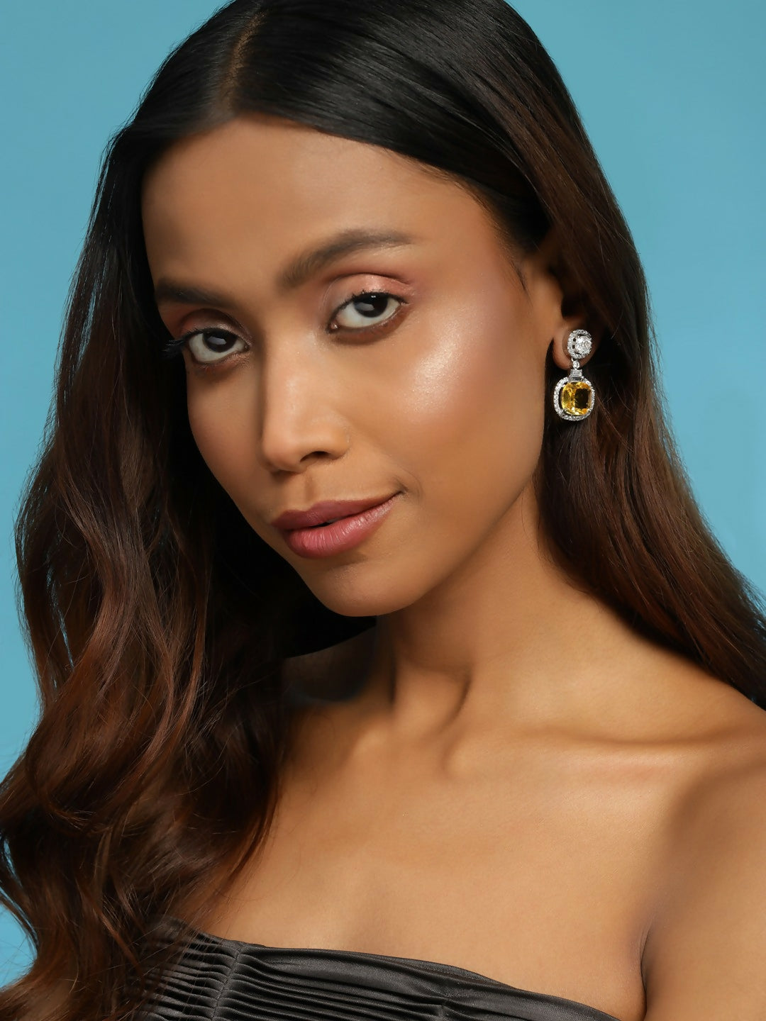 Yellow & Silver Stone Earrings- Ruby Raang | Swadesiicart