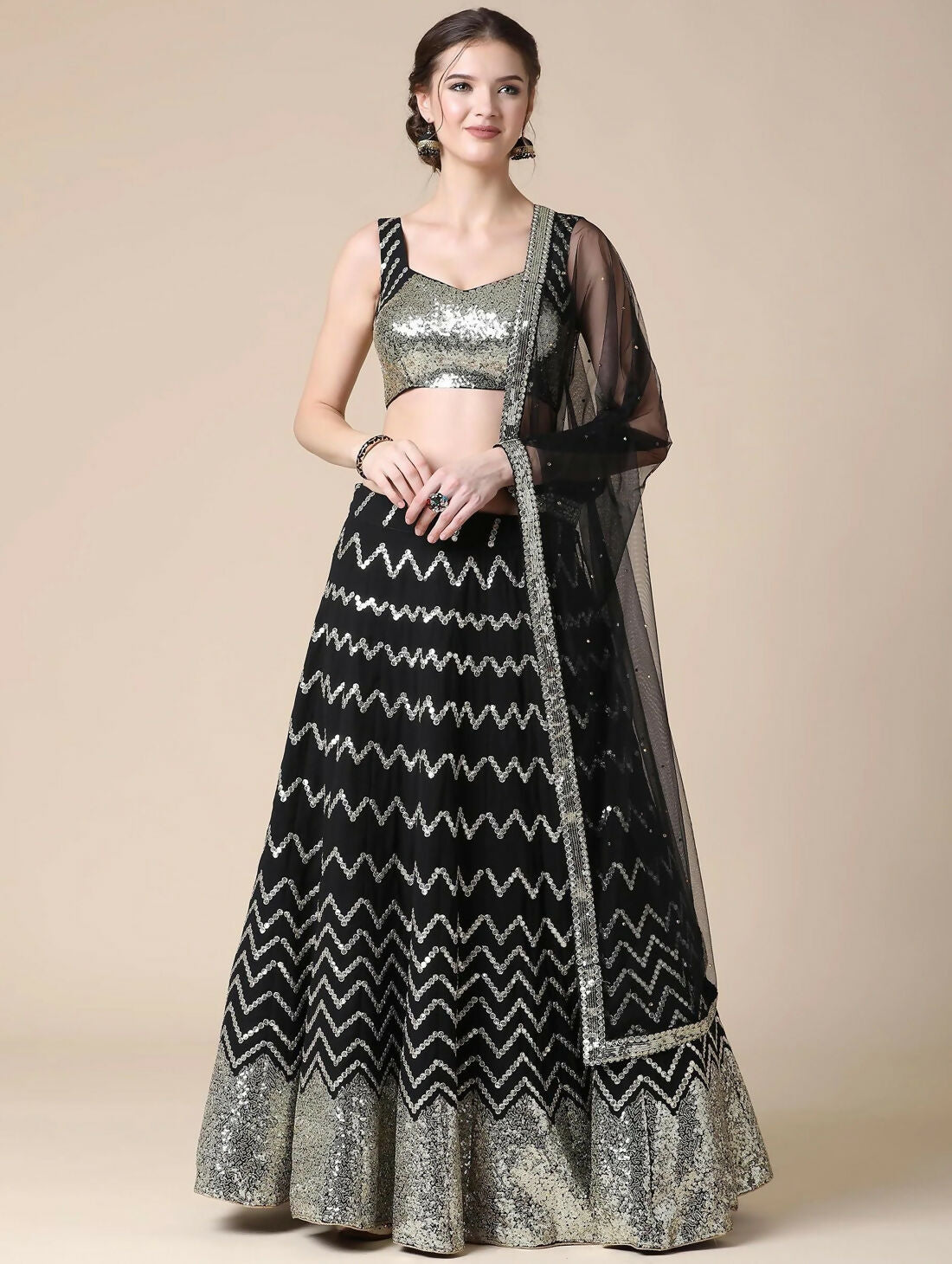 Jyoti Fashion Black Sequence with Thread Zari Embroidery Georgette Lehenga Choli with Dupatta | Swadesiicart