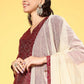 Ahalyaa Women's Wine Colour Poly Silk Gold Paste Printed Kurta Pant Set | Swadesiicart