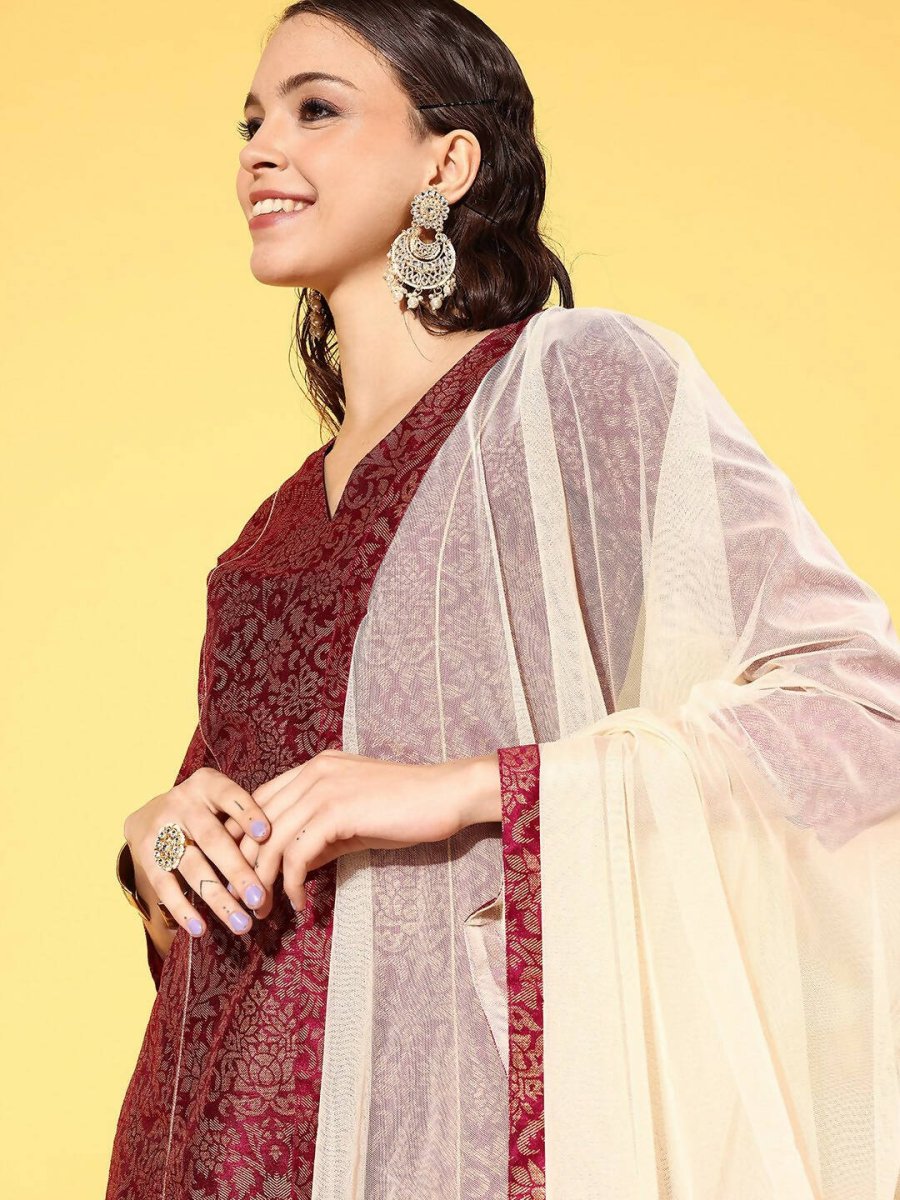Ahalyaa Women's Wine Colour Poly Silk Gold Paste Printed Kurta Pant Set | Swadesiicart