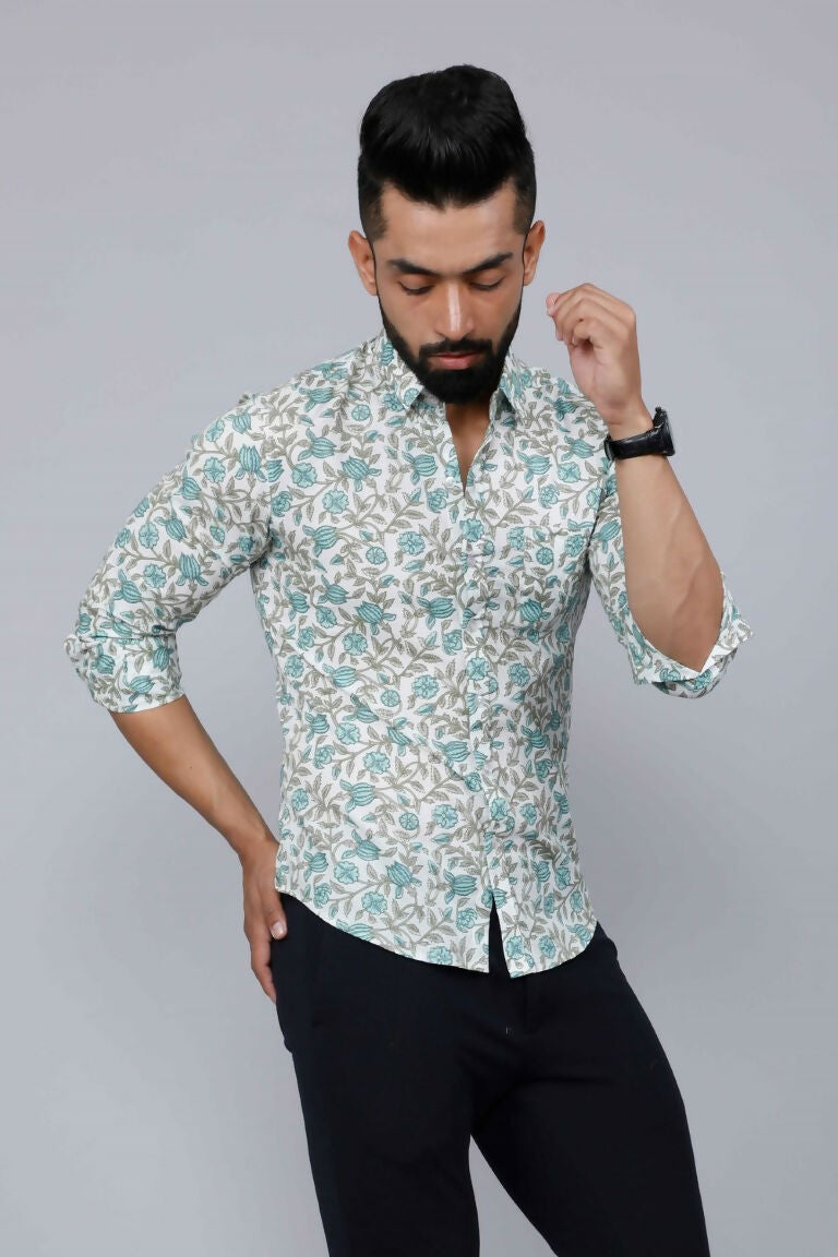 Miravan Men's Spread Collar White & Green Floral Print Slim Fit Shirt | Swadesiicart