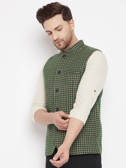 Even Apparels Green Wool Men Woven Nehru Jacket | Swadesiicart