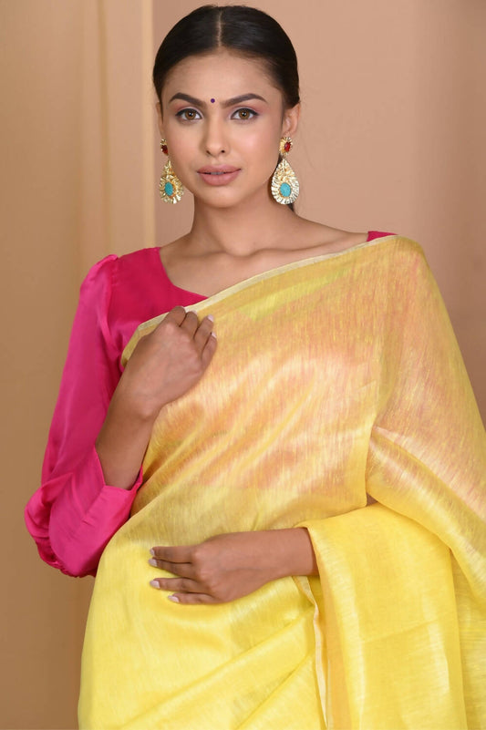Very Much Indian Pure Linen Silk Saree With Sleek Border - Yellow | Swadesiicart