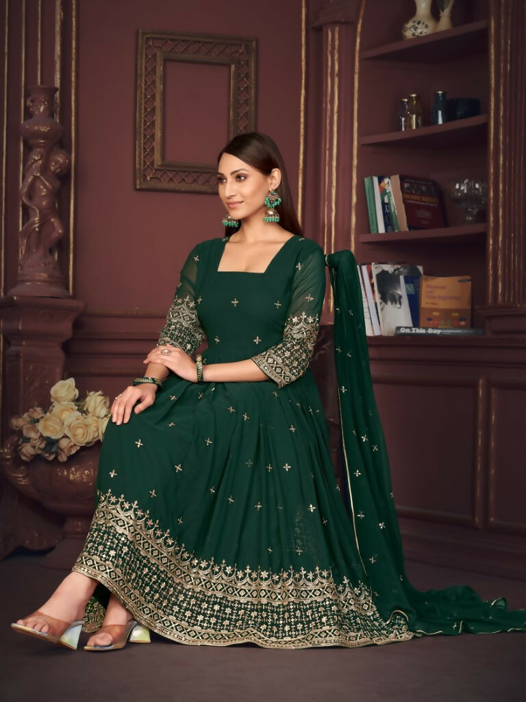 Jyoti Fashion Women's Golden & Bottle Green Georgette Embroidered Anarkali Kurta Pant Set With Dupatta | Swadesiicart