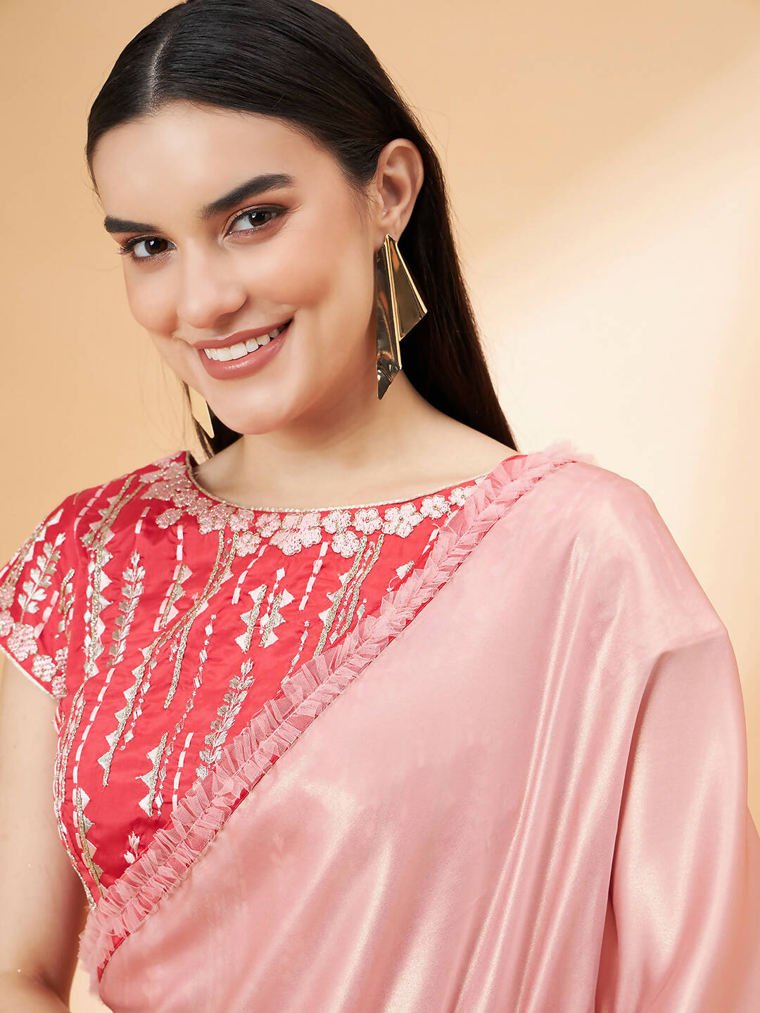 Light Pink Satin Georgette Laser Cut Floral Embroidery , Resham, Zari And Cord Embroidery Saree - Norita Hit Design - Swadesiicart