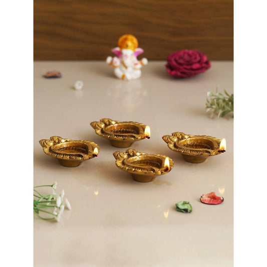 eCraftIndia 4 Pieces Beige Lakshmi & Lord Ganesha Diyas | Swadesiicart