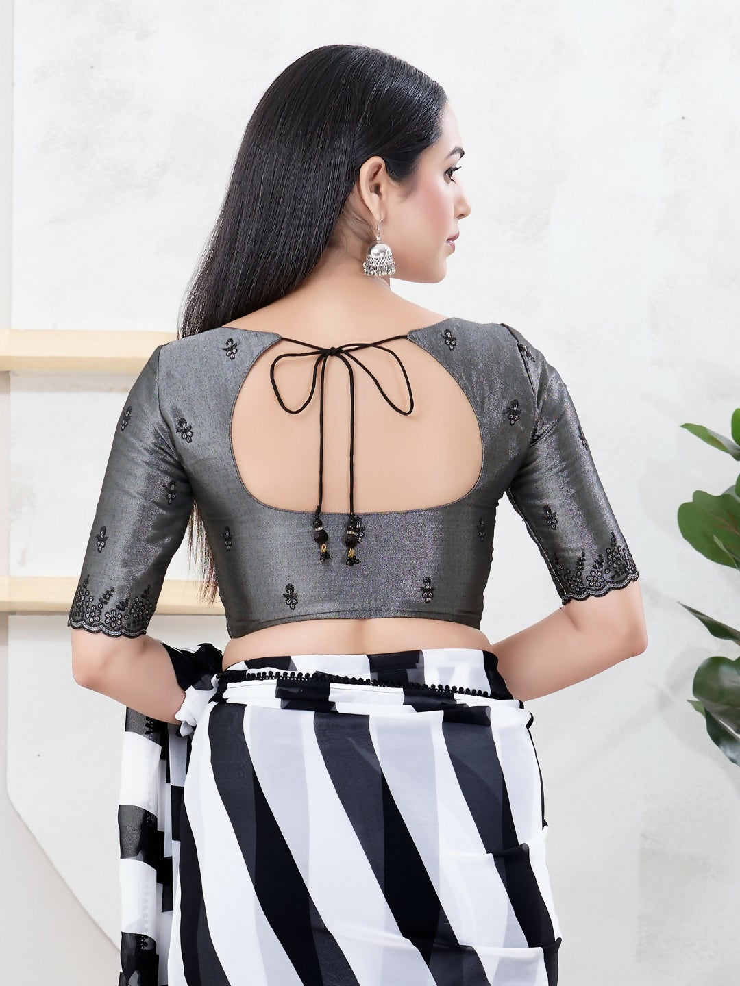 Joban Fashion Black Shimmer Elbow Sleeveless Front Open Blouse - Swadesiicart