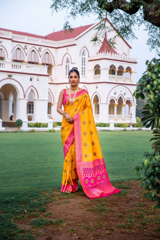 Vishnu Weaves Women's Yellow Patola Banarasi Silk Meenakari Zari Woven Saree with Blouse - Swadesiicart