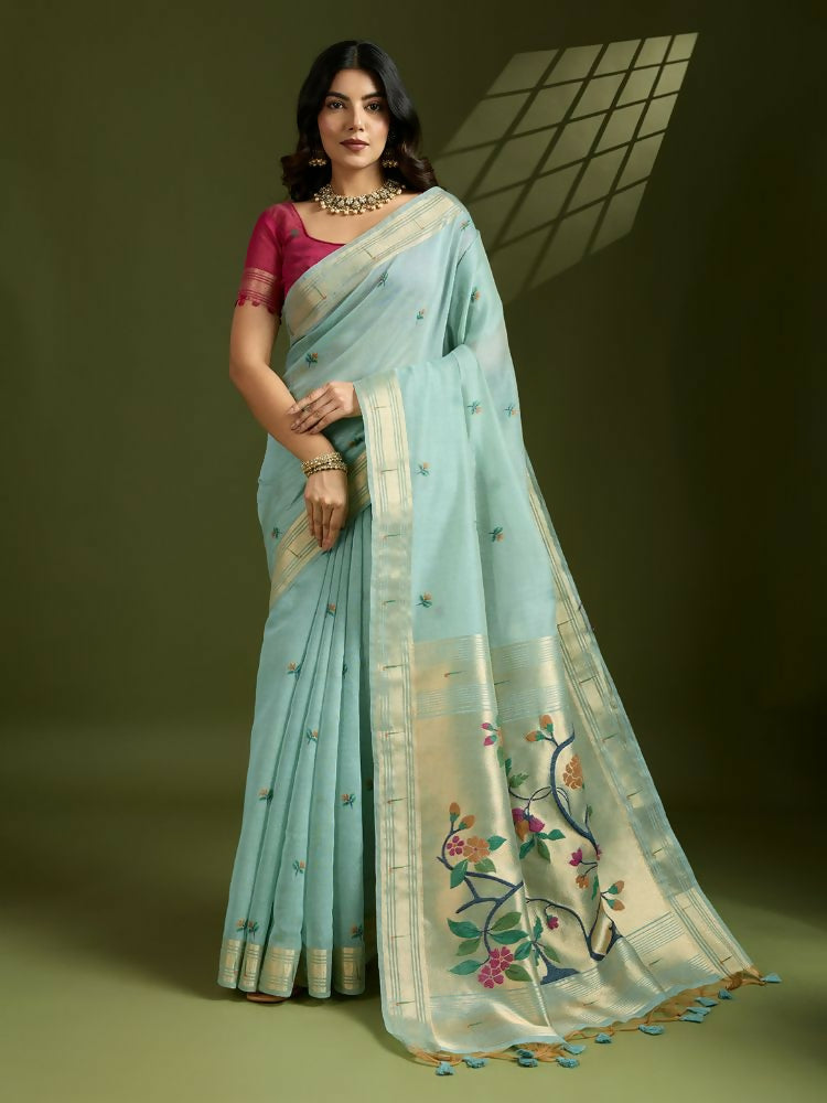 Vishnu Weaves Women's Firozi Muga Cotton Thread Woven Butti with Blouse - Swadesiicart