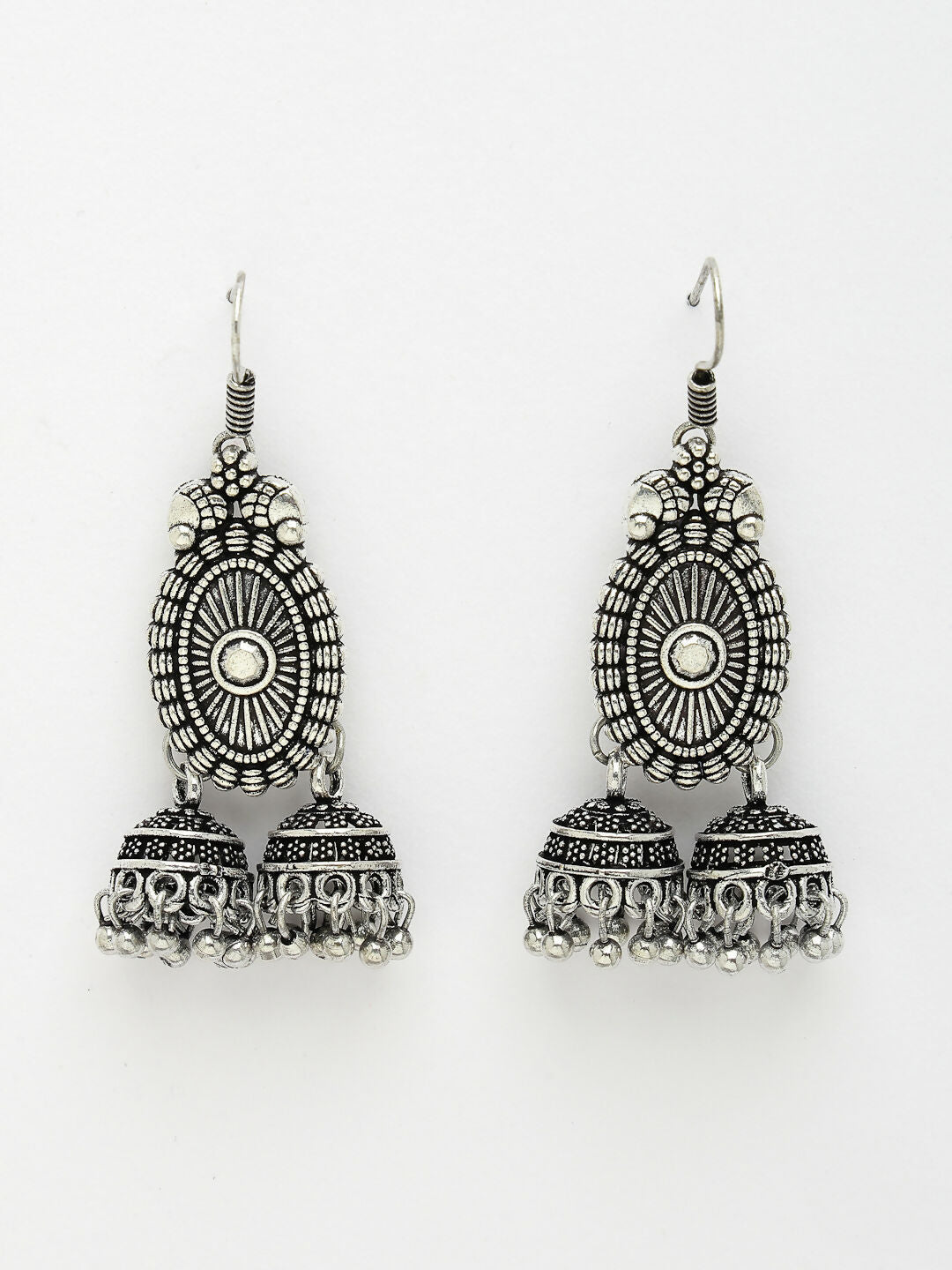 NVR Women's Silver-Plated Choke Oxidized Necklace with Jhumka Earrings - Swadesiicart