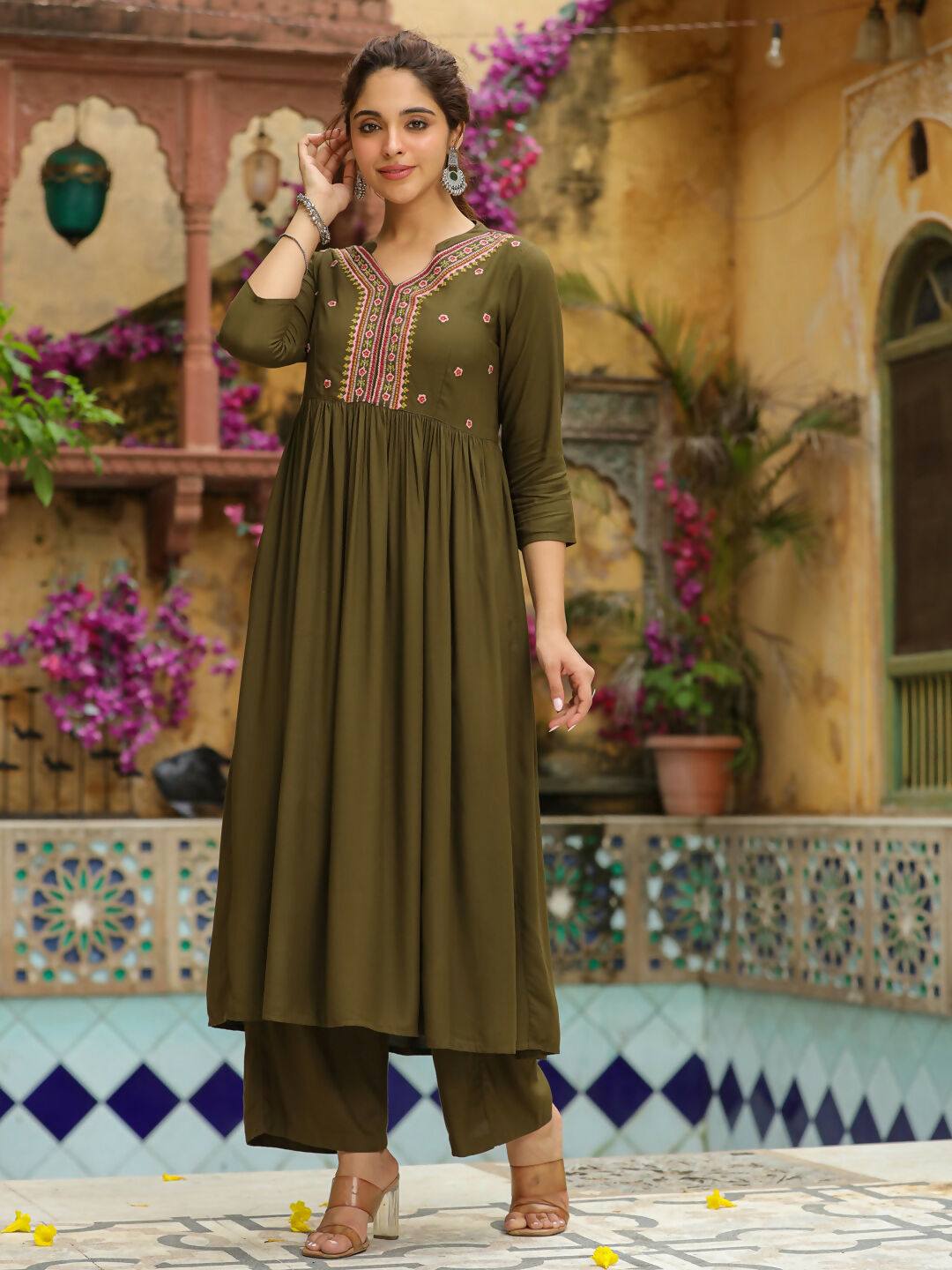 Janasya Olive Rayon Embroidered Kurta & Bottom | Swadesiicart