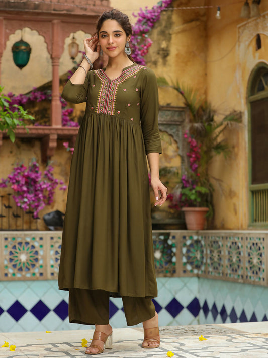 Janasya Olive Rayon Embroidered Kurta & Bottom | Swadesiicart
