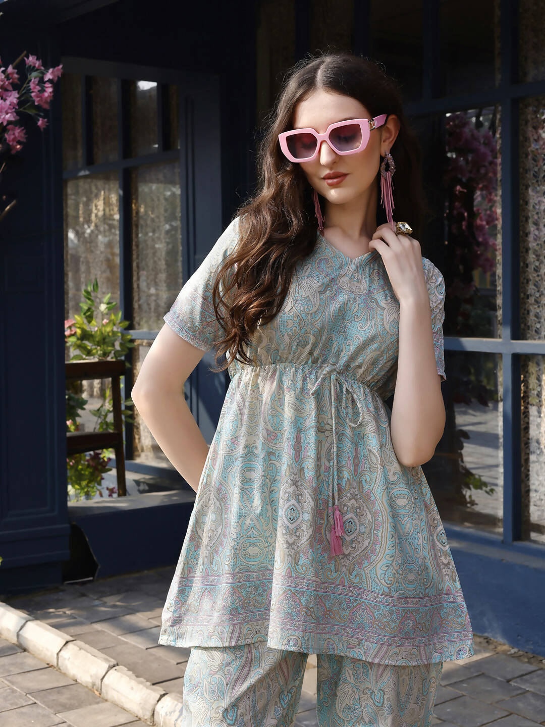 Sky Blue Rayon Paisley & Floral Printed Top with Matching Bottom - Eesha - Swadesiicart
