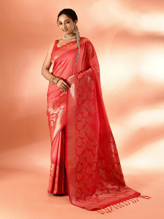 Joban Fashion Peach & Red Plain With Weaving Border Banarasi Silk Sarees | Swadesiicart