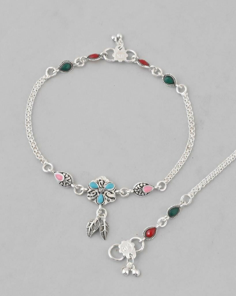 VOJ Set of 2 Traditional Stone Studded Flower Shaped Anklet - Swadesiicart