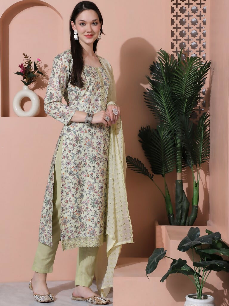 Jyoti Fashion Women's Green Cotton Floral Digital Printed Kurta with Trouser & Dupatta | Swadesiicart