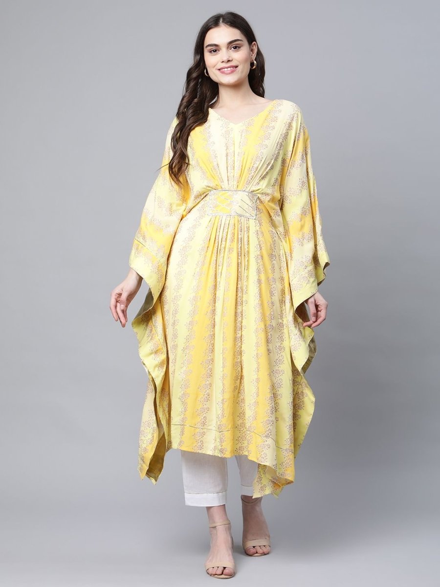 Ahalyaa Women Yellow Rayon Printed Flared Sleeve Kaftan Kurta | Swadesiicart
