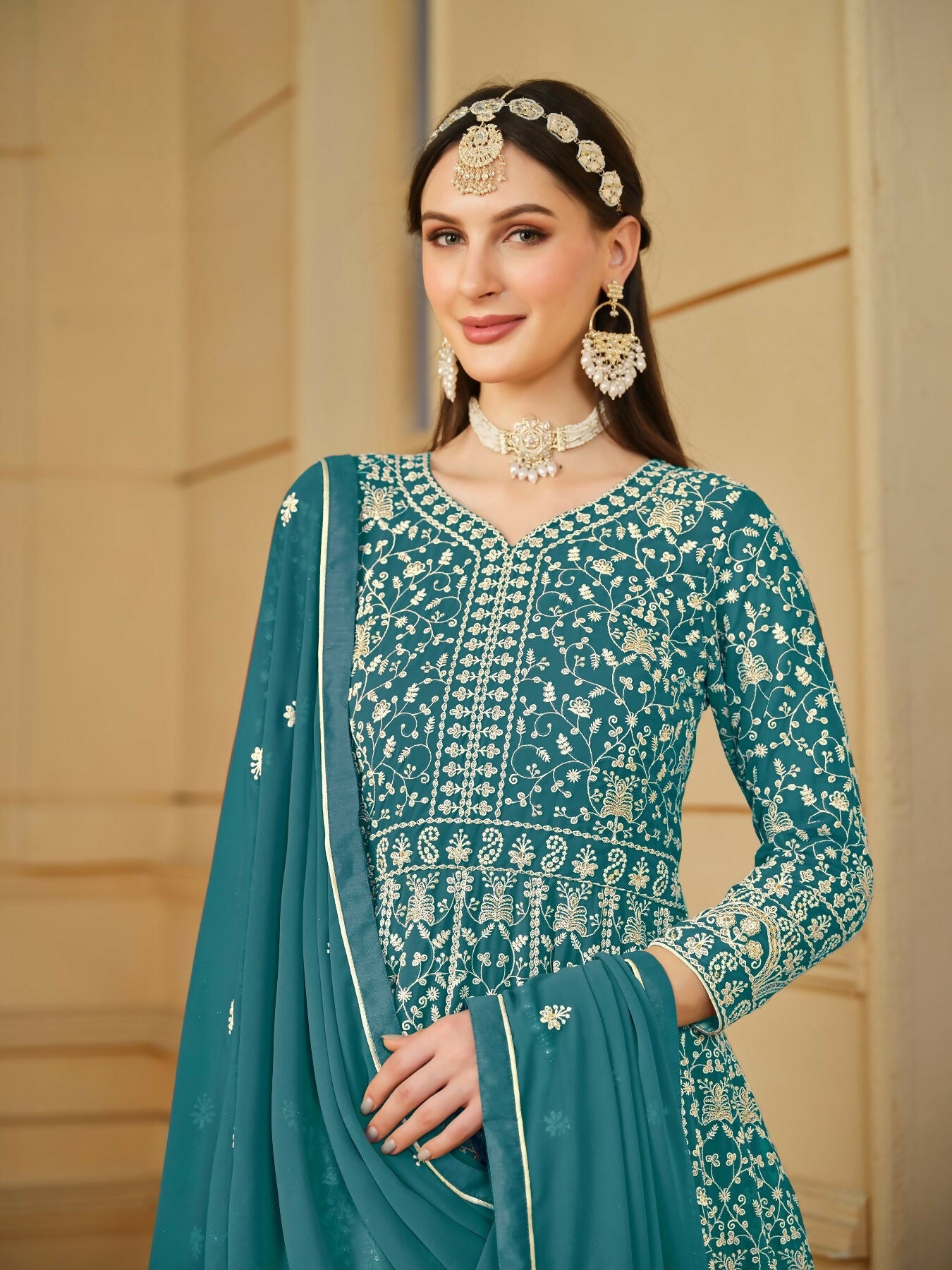 Anaita Yellow Embroidered Faux Georgette Anarkali Suit