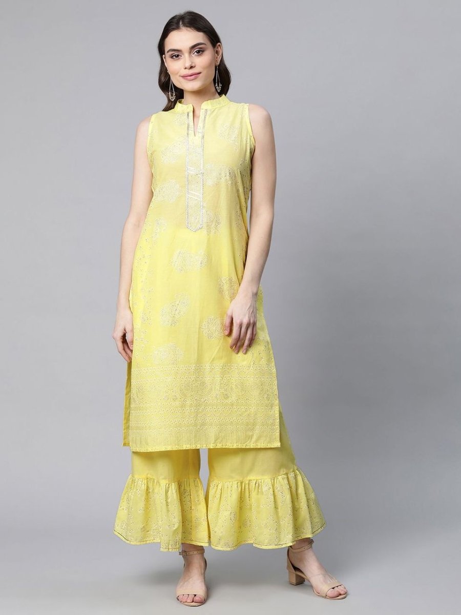 Ahalyaa Women Yellow Colour Pure Cotton Glitter Print Kurta Palazzo Set | Swadesiicart