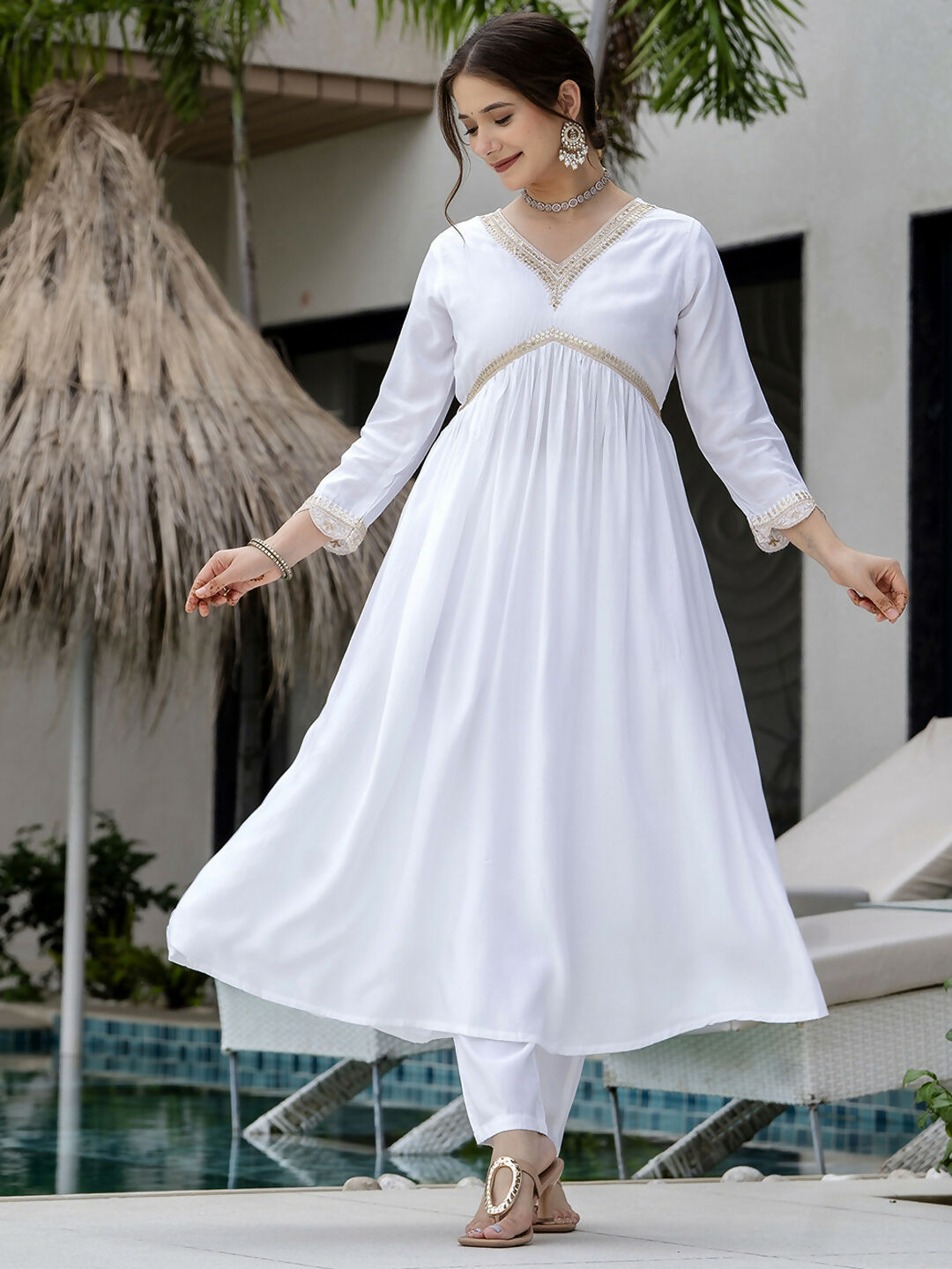 The52 White Women's Gorgeous Embroidered Chanderi Fabric Straight Kurta, Pant and Dupatta Set - Swadesiicart