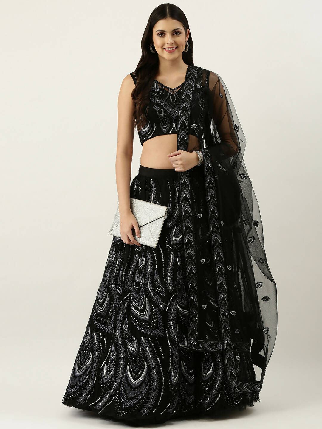 House of Panchhi Women Black Net Sequins Embroidered Lehenga & Blouse with Dupatta | Swadesiicart