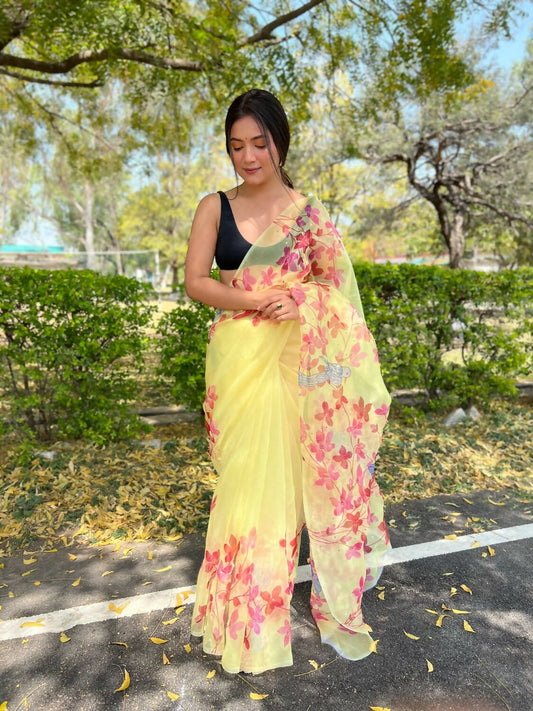 Vamsee Yellow Organza Saree - Swadesiicart