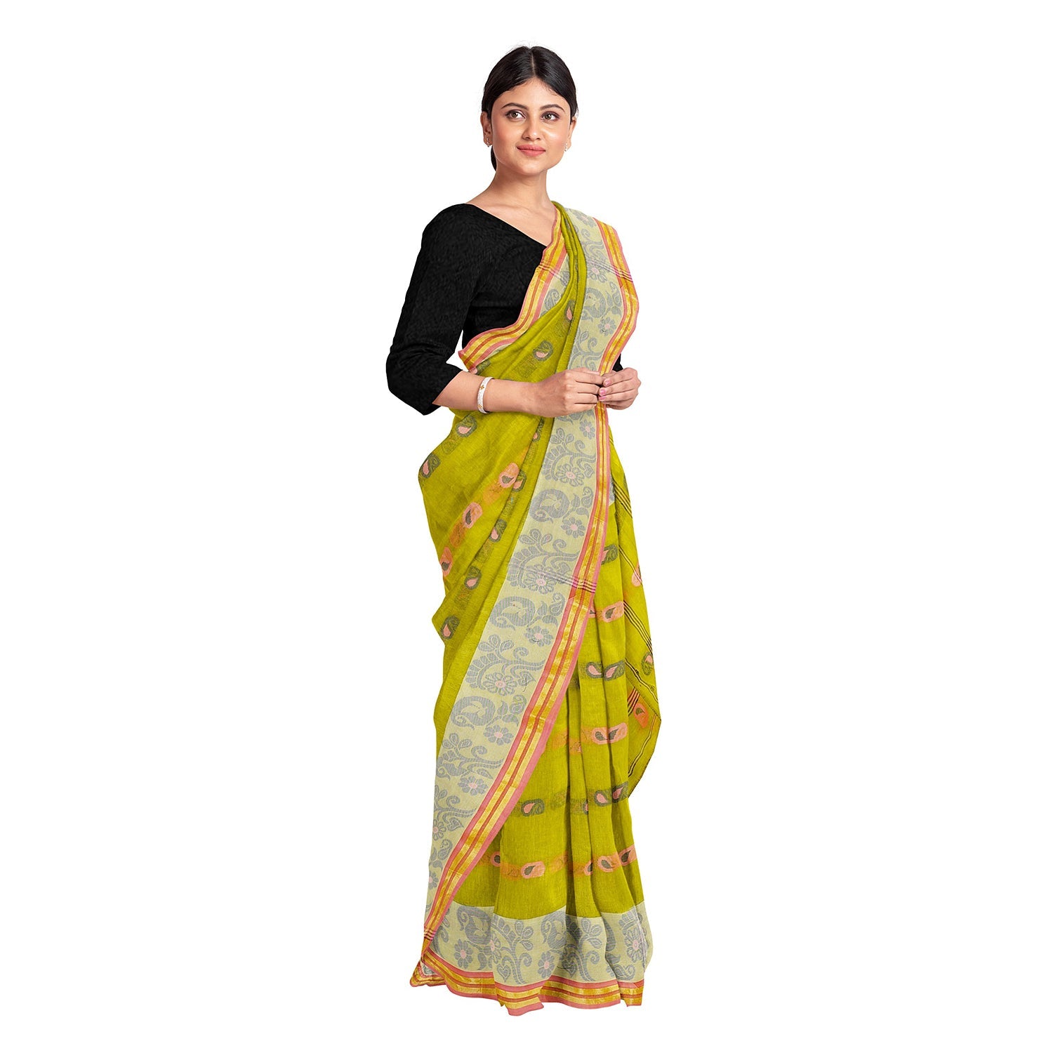 Exclusive Collection 100% Pure Cotton Olive Tant Saree With Hand Weaving Work - Swadesiicart