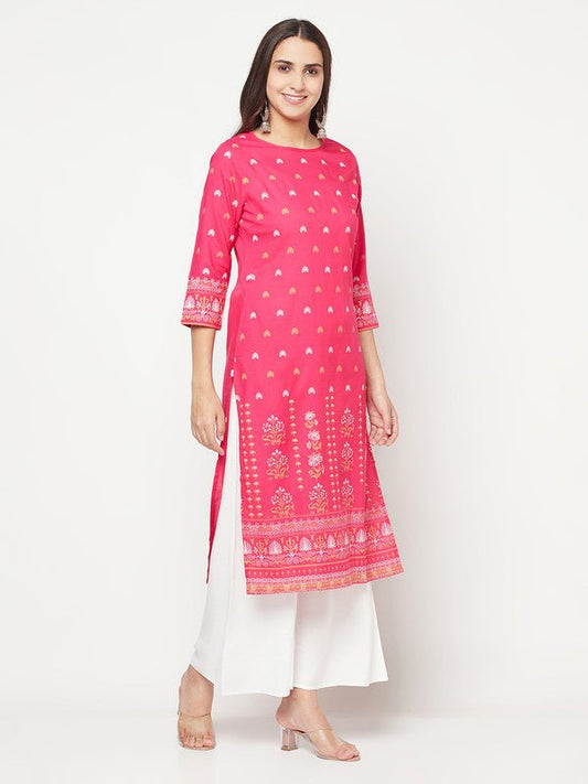 Aniyah Rayon Screen Print Fuchsia Straight Kurta - Swadesiicart