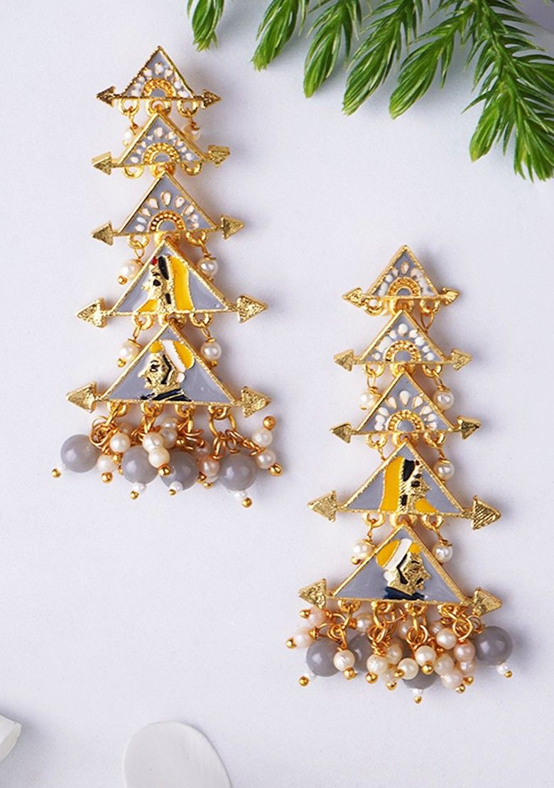 New Partywear Gray Raja Rani Meenakari Drop Earrings for Womens by House of Ree | Swadesiicart