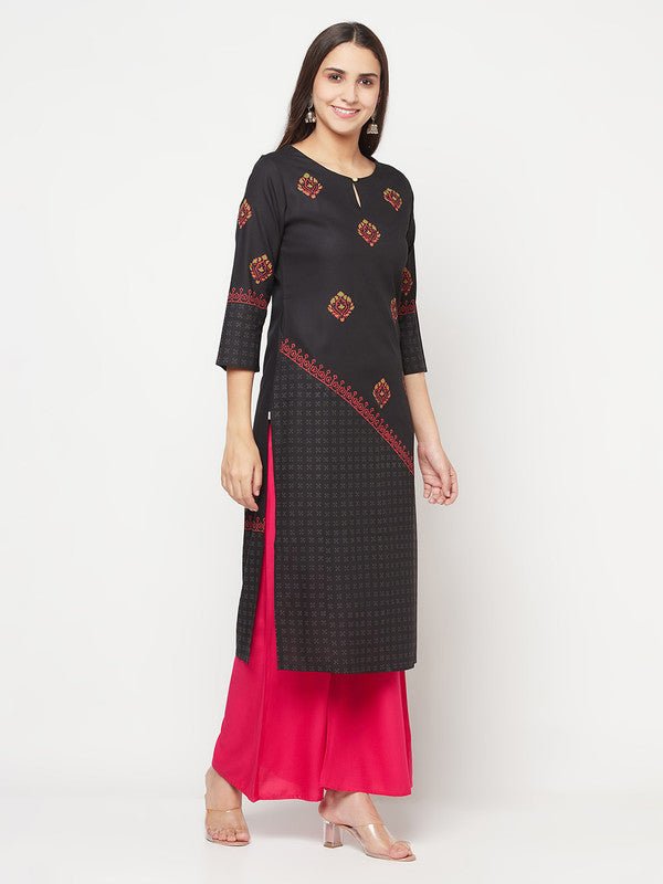 Aniyah Rayon Block Print Straight Kurta - Black - Swadesiicart