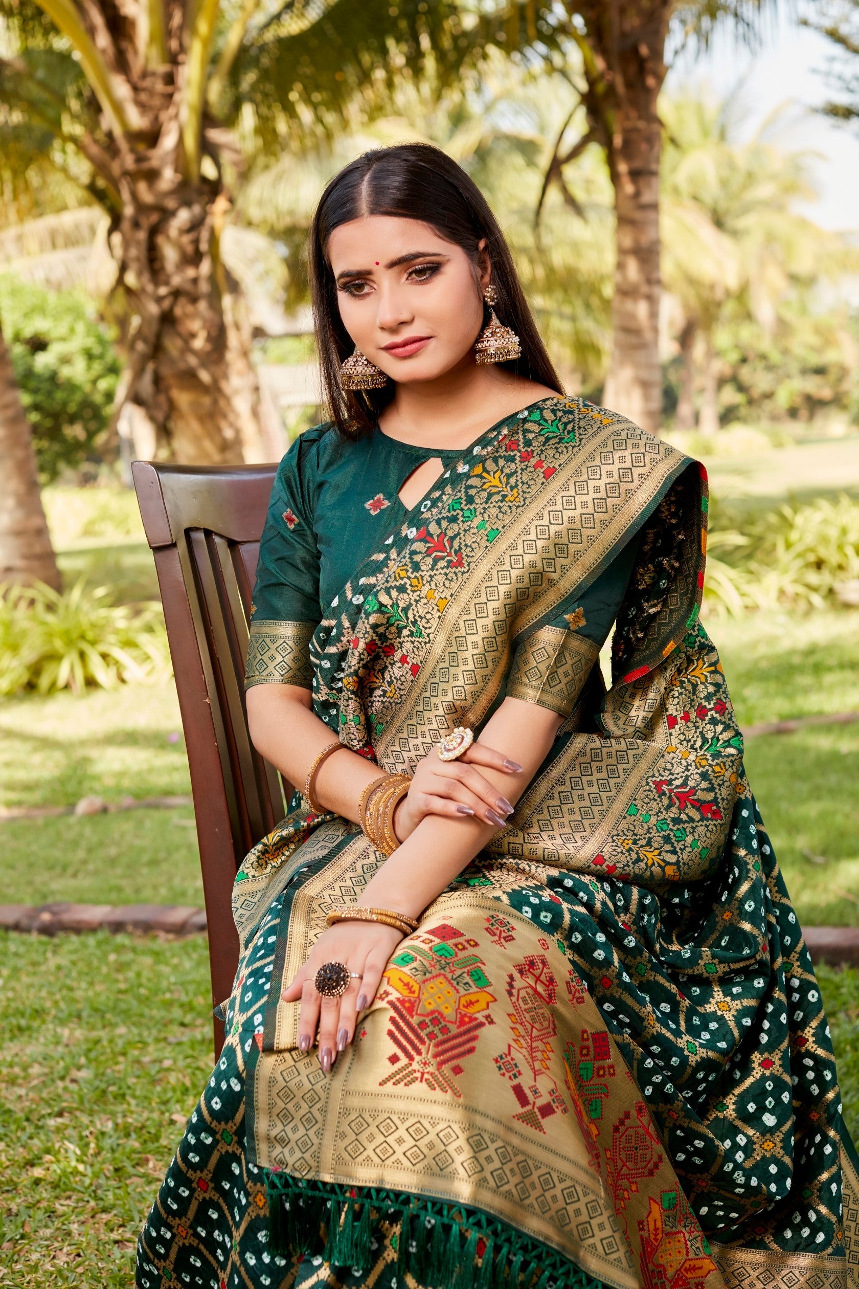 Anaita Green Woven Design Pure Gharchola Bandhej Silk Saree With Blouse