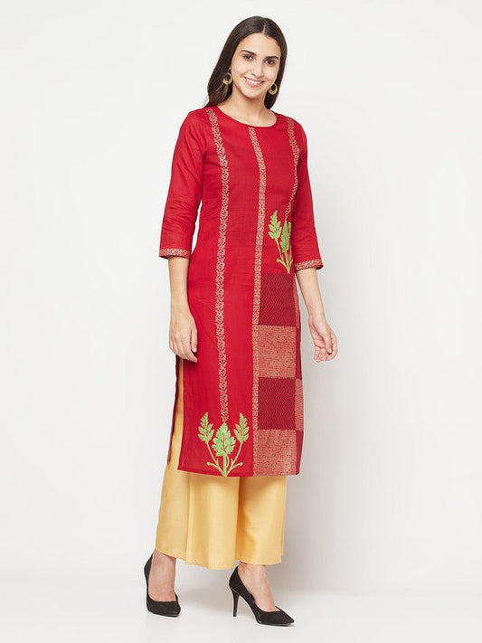 Aniyah Cotton Foil Print Maroon Straight Kurta - Swadesiicart