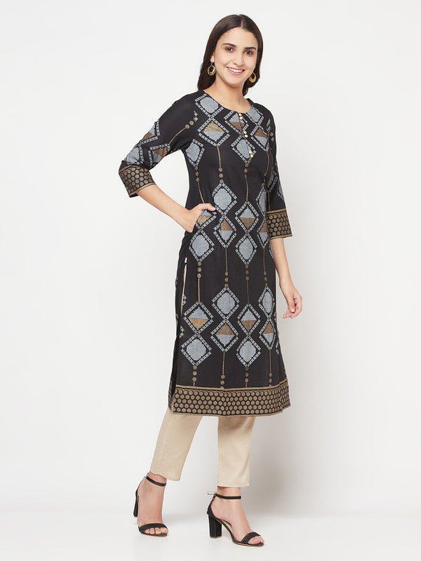Aniyah Rayon Screen Print Black Straight Kurta - Swadesiicart