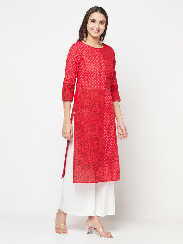 Aniyah Cotton Block Print Red Color Straight Kurta - Swadesiicart