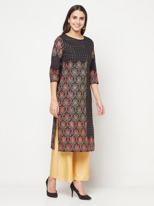 Aniyah Black Color Cotton Block Print Straight Kurta - Swadesiicart