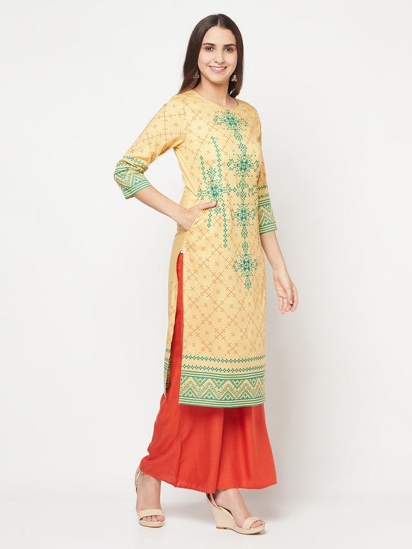 Aniyah Rayon Digital Screen Print Golden Beige Straight Kurta - Swadesiicart