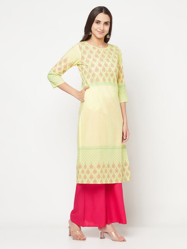Aniyah Cotton Block Print Lemon Yellow Straight Kurta - Swadesiicart