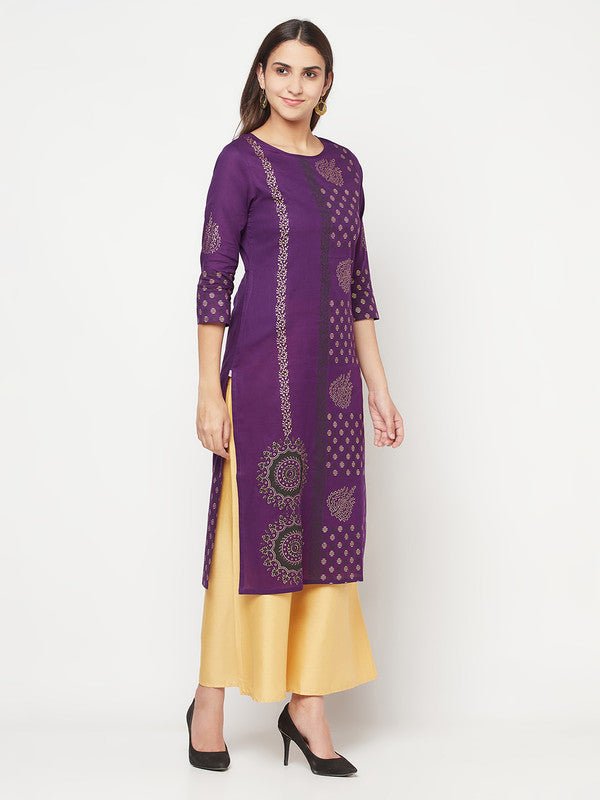 Aniyah Cotton Foil Print Purple Straight Kurta - Swadesiicart