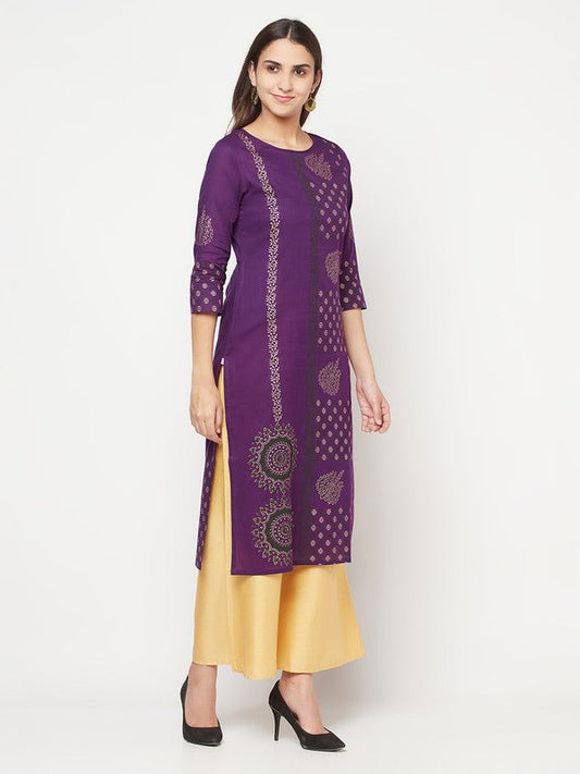 Aniyah Cotton Foil Print Purple Straight Kurta - Swadesiicart